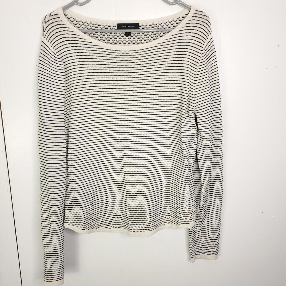 Ann Taylor Shirt Womens L Wide Boat Neck Striped Textured Hip Length Long Sleeve